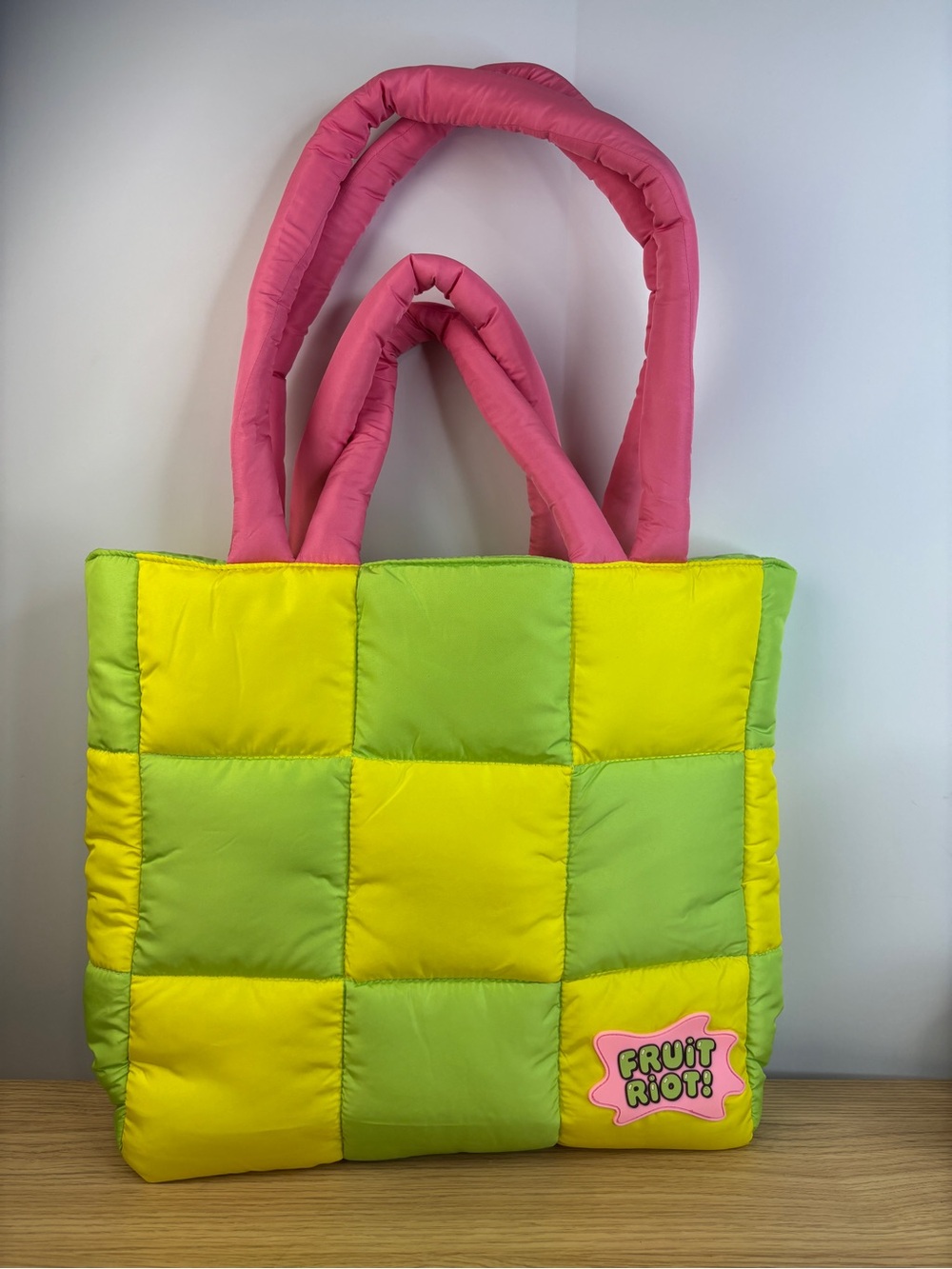 Fruit Riot! Puffy Quilted Green Yellow Checkered Tote Bag Pink Handles LIKE NEW!